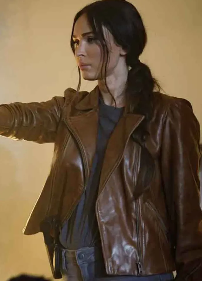 MIDNIGHT IN THE SWITCHGRASS (REBECCA) MEGAN FOX BROWN LEATHER JACKET
