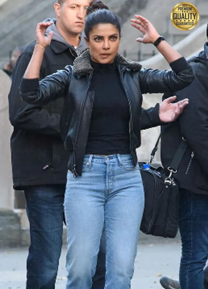 Priyanka Chopra Black Fur Leather Jacket