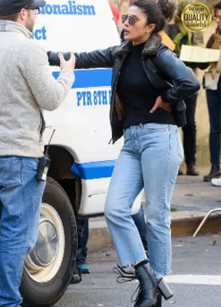 Priyanka Chopra Black Fur Leather Jacket