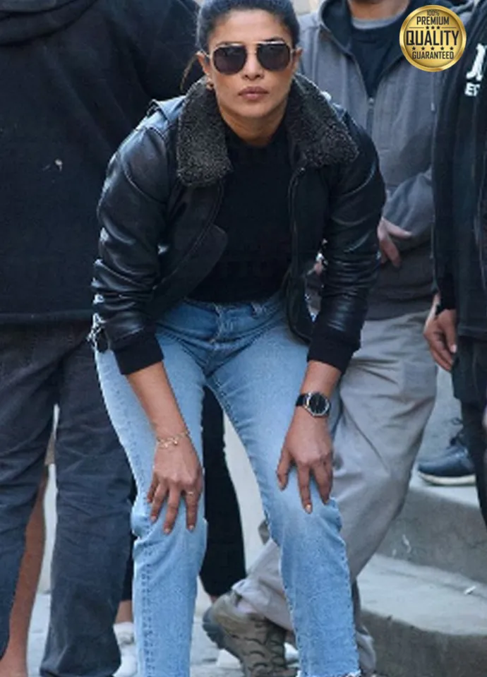 Priyanka Chopra Black Fur Leather Jacket