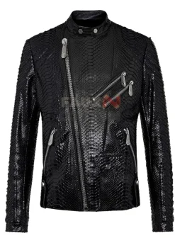Python Print Leather Black Biker Slim-Fit Craftsmen Jacket