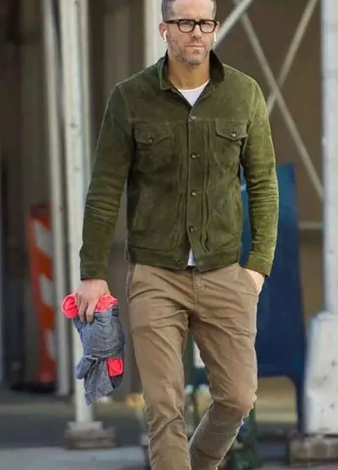 RED NOTICE (NOLAN BOOTH) RYAN REYNOLDS GREEN SUEDE JACKET