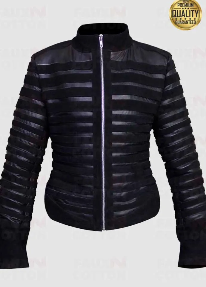 Regina King Watchmen Angela Abar Black Strips Leather Jacket