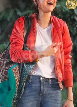 Selena Gomez A Rainy Day in New York Red Bomber Jacket