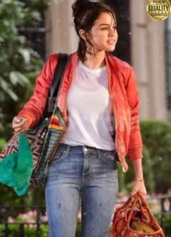 Selena Gomez A Rainy Day in New York Red Bomber Jacket