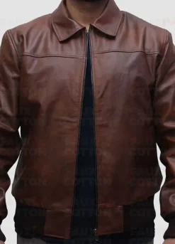 Shirt Collar Slim Fit Brown Leather Jacket