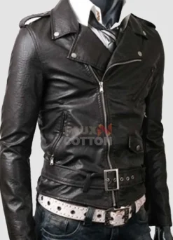 Slim Fit Belted Rider Black Leather Jacket