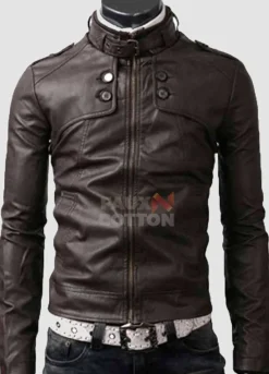 Slim Fit Belted Rider Pocket Dark Brown Cowhide Jacket