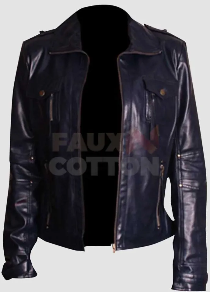 Slim Fit Navy Blue Leather Women's Jacket