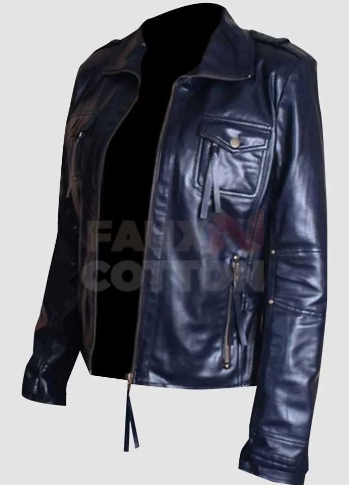 Slim Fit Navy Blue Leather Women's Jacket