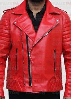Slim Fit Red Quilted Biker Faux Leather Jacket