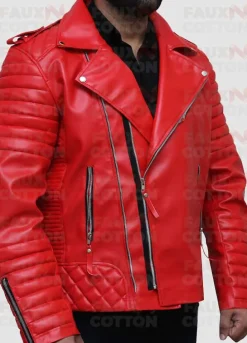 Slim Fit Red Quilted Biker Faux Leather Jacket