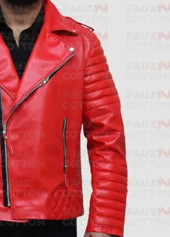 Slim Fit Red Quilted Biker Faux Leather Jacket