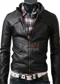 Slim Fit Strap Black Cowhide Leather Jacket