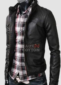 Slim Fit Strap Black Cowhide Leather Jacket