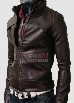 Slim Fit Strap Dark Brown Leather Jacket