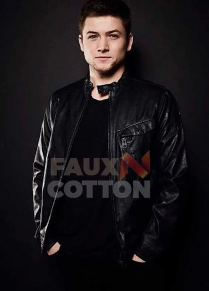 Taron Egerton Black Biker Leather Jacket