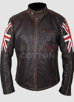 UK Flag Brown Distressed Leather Jacket