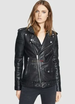 Women Slim Fit Black Lambskin Leather Biker Jacket