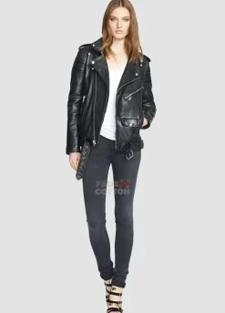 Women Slim Fit Black Lambskin Leather Biker Jacket