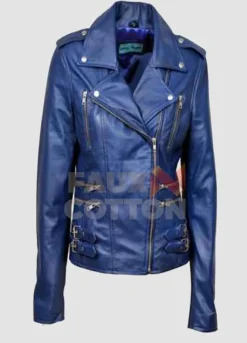 Women's Blue Biker Leather Jacket