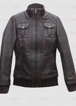Womens Double Collar Casual Wear Brown Bomber Jacket