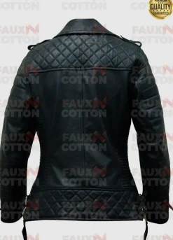 Women's Quilted Slim Fit Black Leather Biker Jacket With Golden Zipper