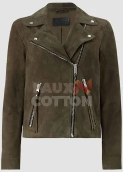 Women's  Suede Green Biker Leather Jacket