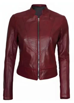Womens Vegan Leather Maroon Biker Jacket
