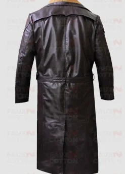 WW2 German Officer Fur Collar Trench Brown Leather Coat